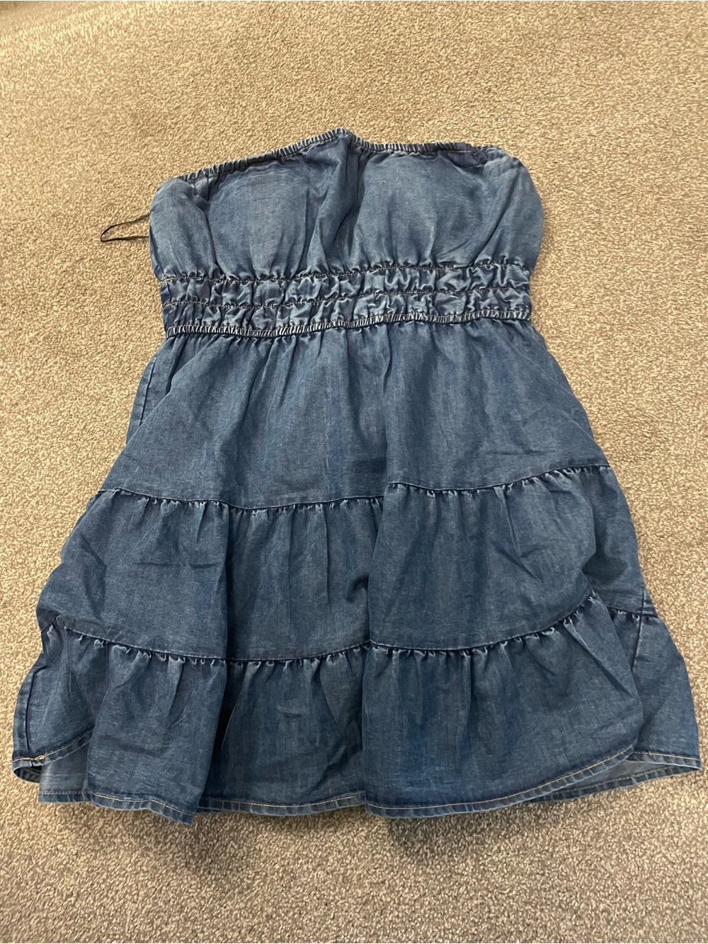 Ladies Blue Denim Tiered Strapless Dress with shorts underneath